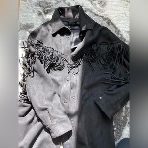 Black faux suede fringe over shirt with snaps